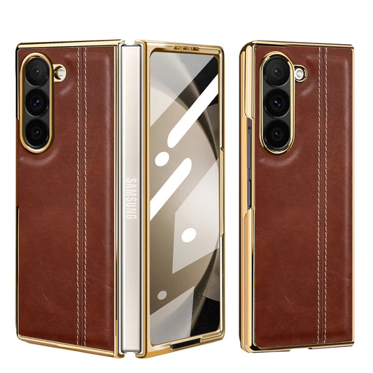 Samsung Galaxy Z Fold7 Gold Plated Dual Line Stitches Leather Case - Brown