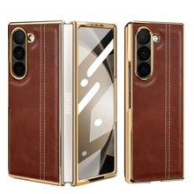 Samsung Galaxy Z Fold7 Gold Plated Dual Line Stitches Leather Case