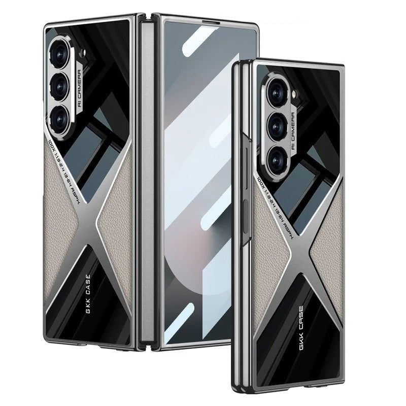 Samsung Galaxy Z Fold 6 Gkk Original X Pattern Leather & Glass Back Cover with Front Glass