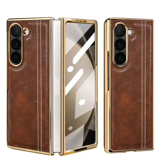 Samsung Galaxy Z Fold7 Gold Plated Dual Line Stitches Leather Case - Tan
