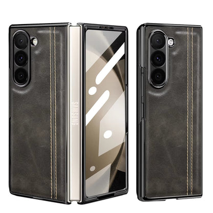 Samsung Galaxy Z Fold7 Gold Plated Dual Line Stitches Leather Case - Gray