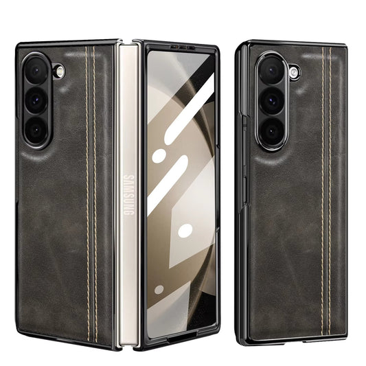 Samsung Galaxy Z Fold7 Gold Plated Dual Line Stitches Leather Case - Gray