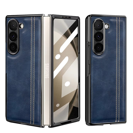 Samsung Galaxy Z Fold7 Gold Plated Dual Line Stitches Leather Case - Blue