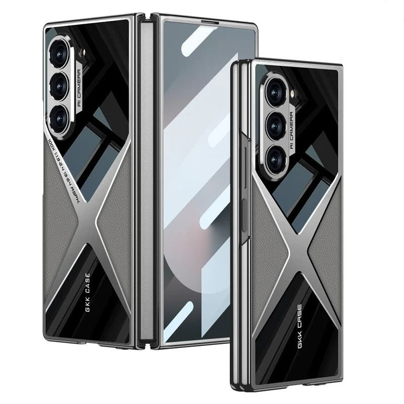 Samsung Galaxy Z Fold 6 Gkk Original X Pattern Leather & Glass Back Cover with Front Glass