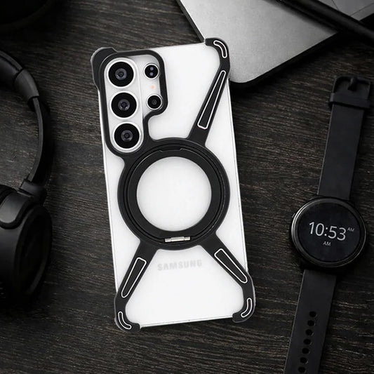 Samsung Galaxy S26 Ultra Frameless Metal Bumper Case with Magsafe & 360° Rotatable Ring & Kickstand - Black