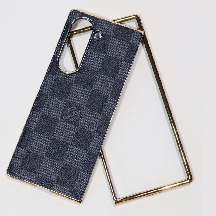 Samsung Galaxy Z Fold7 Luxury Check Pettern Gold Plated Leather Case