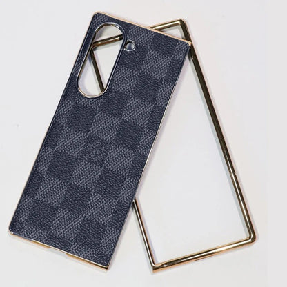 Samsung Galaxy Z Fold7 Luxury Check Pettern Gold Plated Leather Case