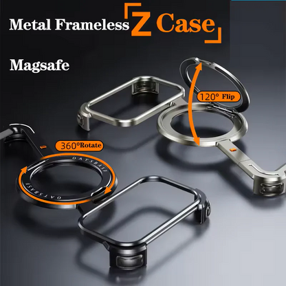iPhone 17 Pro Z Shape Frameless Metal Bumper Case with 360° Rotatable Stand & Magsafe - Black