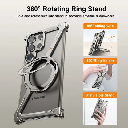 Samsung Galaxy S24 Ultra Z Shape Frameless Metal Bumper Case with Built-in Magsafe & 360° Rotation Ring