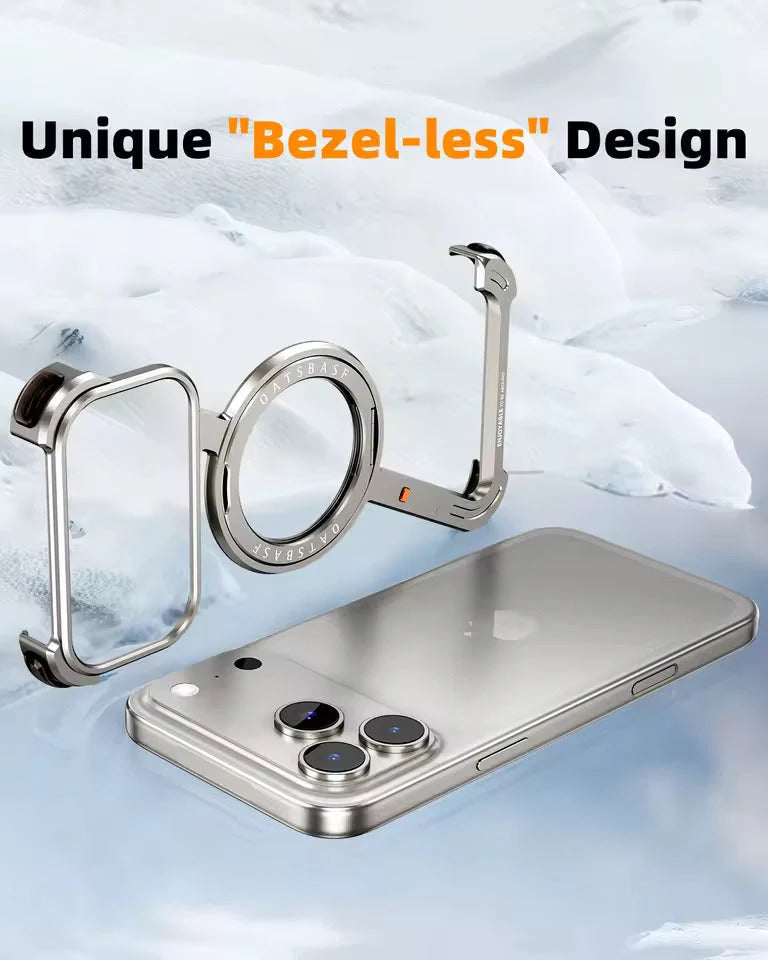 iPhone 17 Pro Max Z Shape Frameless Metal Bumper Case with 360° Rotatable Stand & Magsafe
