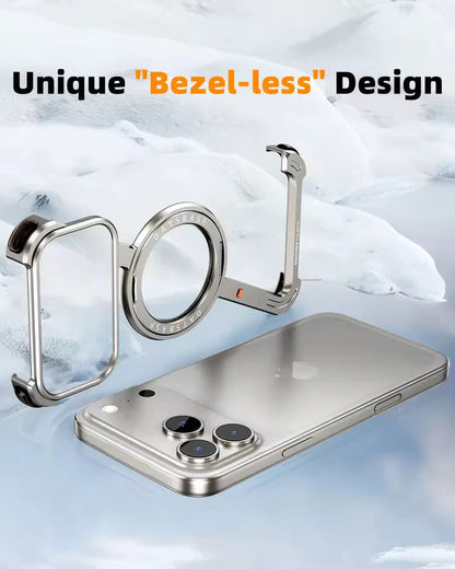 iPhone 17 Pro Max Z Shape Frameless Metal Bumper Case with 360° Rotatable Stand & Magsafe