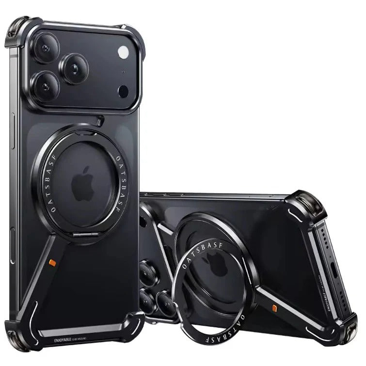 iPhone 17 Pro Z Shape Frameless Metal Bumper Case with 360° Rotatable Stand & Magsafe