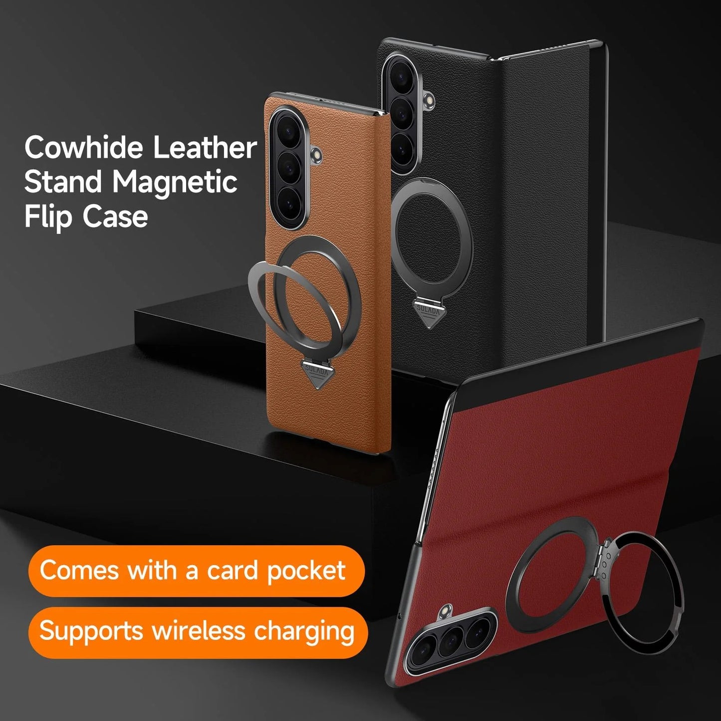 Samsung Z Fold8 Ultra SULADA Leather Case, S-View Window Magnetic Ring Holder Kickstand Cover with Magsafe