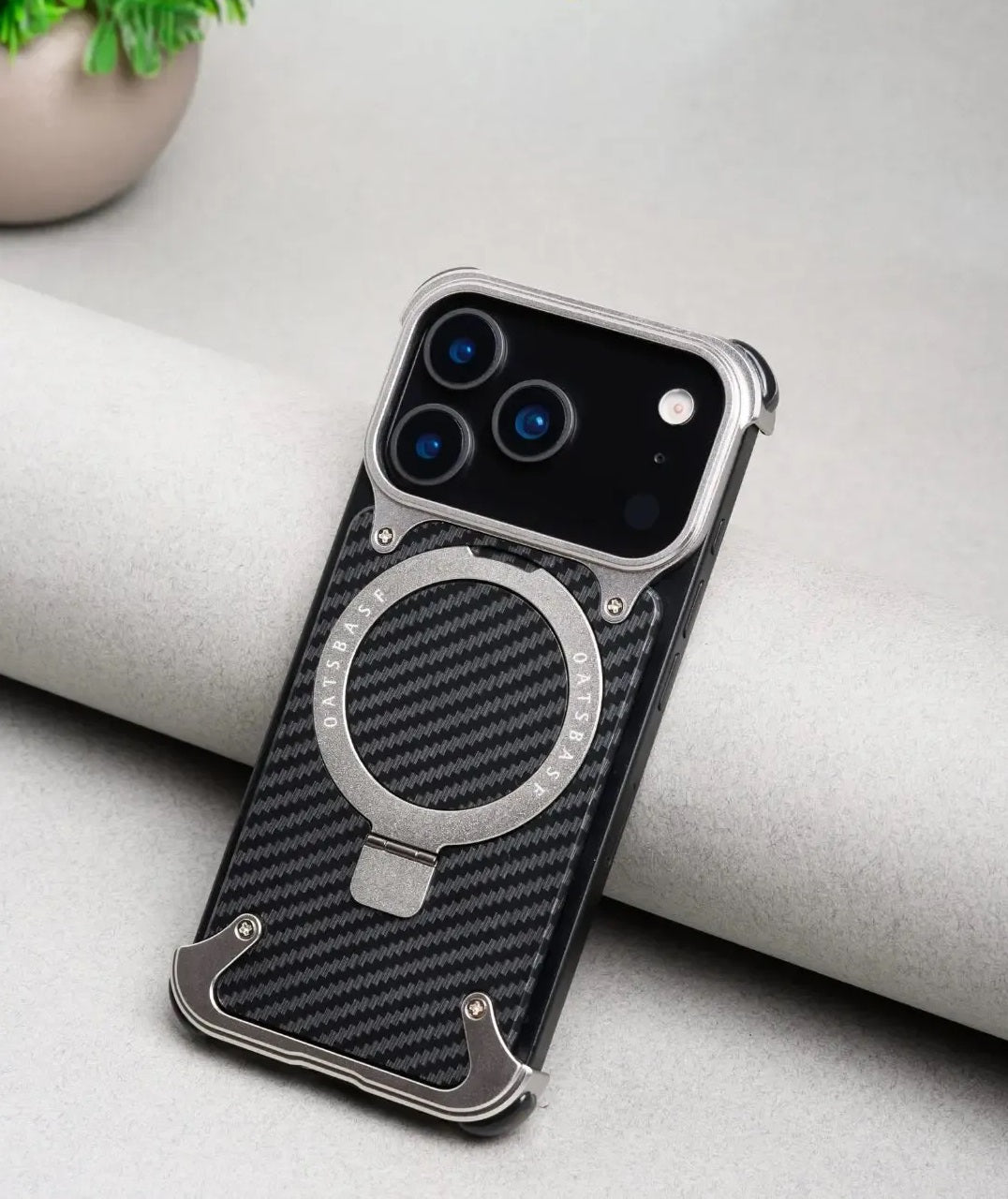 iPhone 17 Pro Max Metal Carbon Case with Stand and Magsafe - Silver