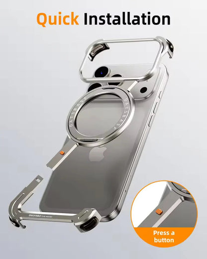 iPhone 17 Pro Max Z Shape Frameless Metal Bumper Case with 360° Rotatable Stand & Magsafe