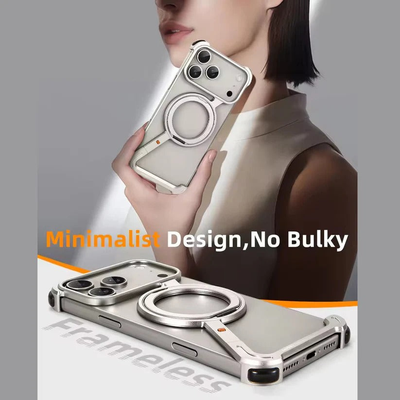 iPhone 17 Pro Max Z Shape Frameless Metal Bumper Case with 360° Rotatable Stand & Magsafe