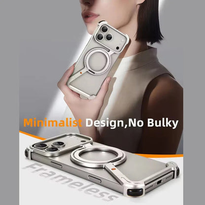 iPhone 17 Pro Max Z Shape Frameless Metal Bumper Case with 360° Rotatable Stand & Magsafe