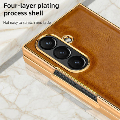 Samsung Galaxy Fold7 Gold Plating Leather Case with Front Glass Protector