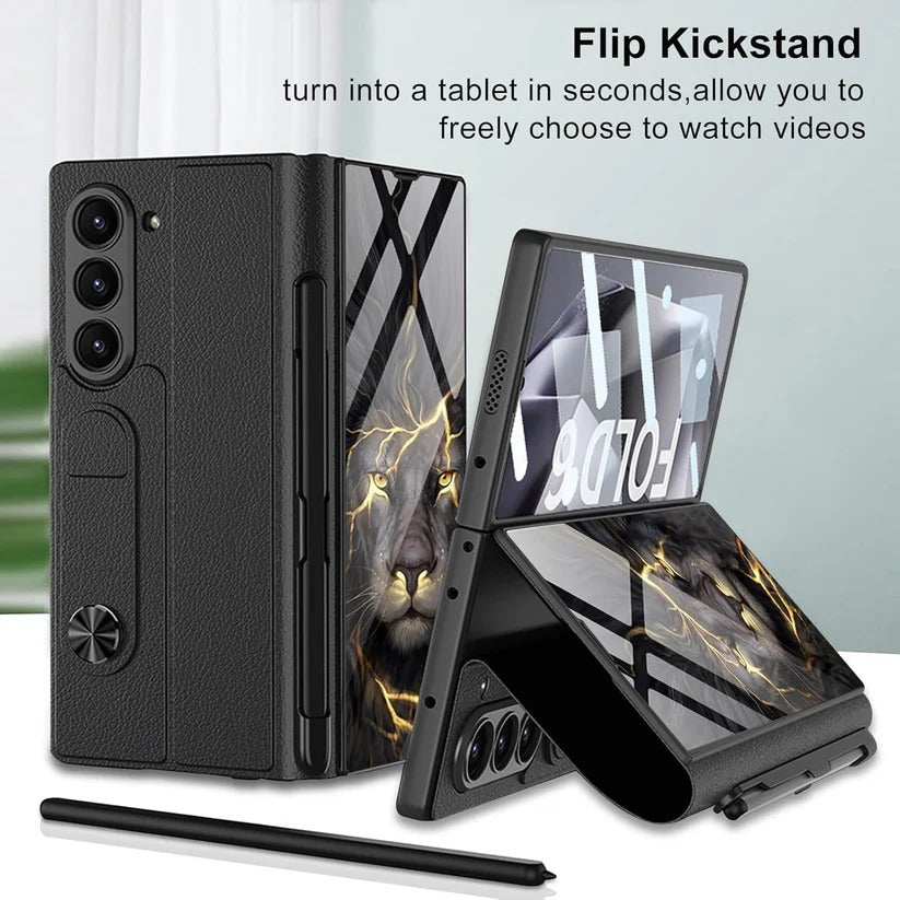 Samsung Galaxy Z Fold 6 Deer Pattern Gkk Original Glass Flip Case with S-Pen & Front Glass Protection