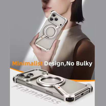 iPhone 17 Pro Z Shape Frameless Metal Bumper Case with 360° Rotatable Stand & Magsafe