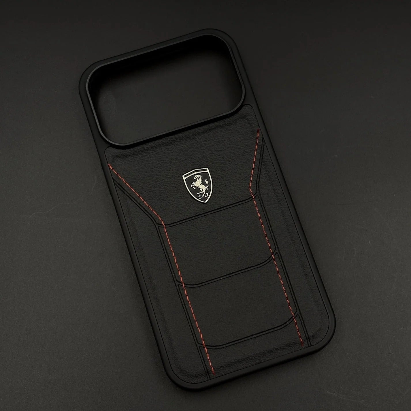 iPhone 17 Pro Leather Back Cover Ferrari Sports Stitched Leather Case - Black