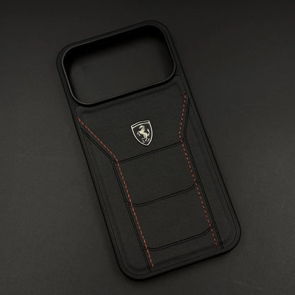 iPhone 17 Pro Leather Back Cover Ferrari Sports Stitched Leather Case - Black