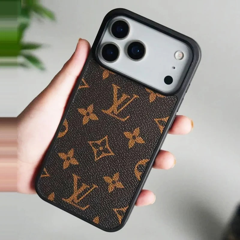 iPhone 18 Pro Max Luxury LV Leather Back Cover Case - Brown