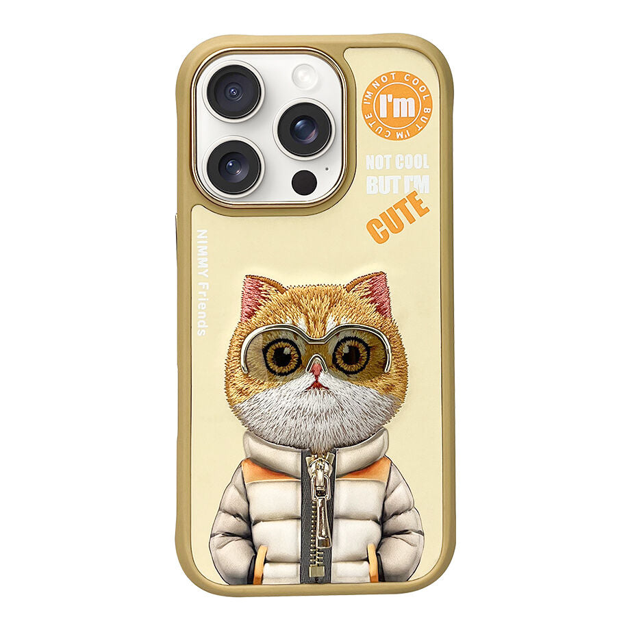 iPhone 16 Pro Nimmy Embroidery Jacket Series Back Cover - Gold Cat