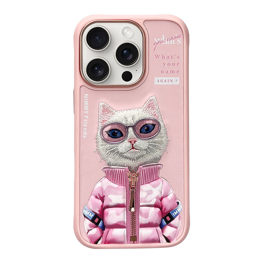 iPhone 16 Pro Nimmy Embroidery Jacket Series Back Cover - Pink Cat