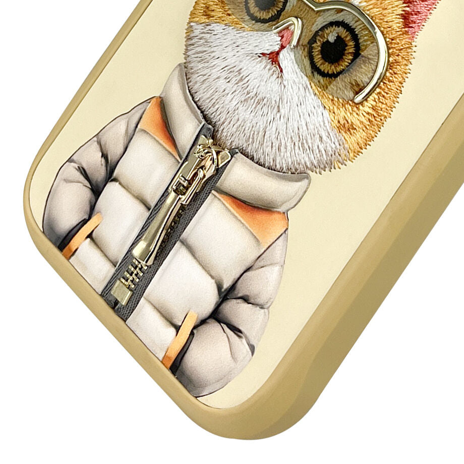 iPhone 16 Pro Nimmy Embroidery Jacket Series Back Cover - Gold Cat