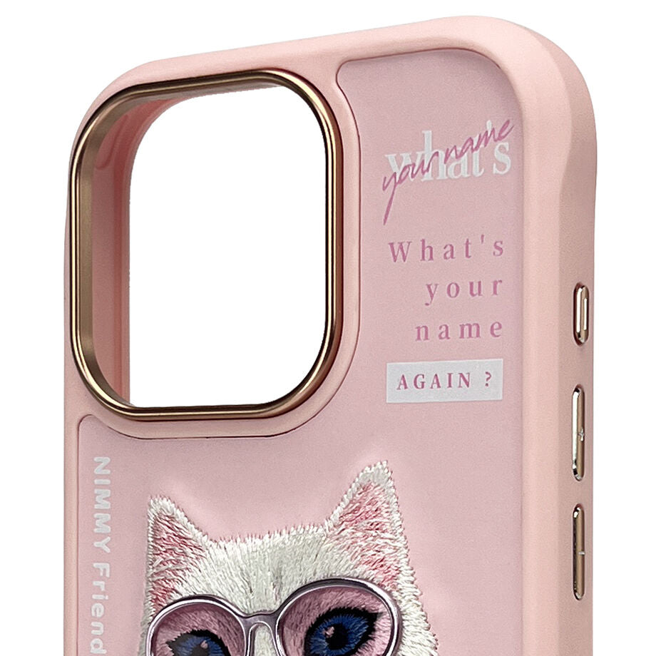 iPhone 16 Pro Nimmy Embroidery Jacket Series Back Cover - Pink Cat