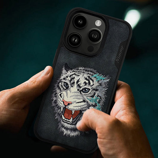 iPhone 15 Nimmy Embroidery TPU+PU Leather Shockproof Dazzling Series-Tiger