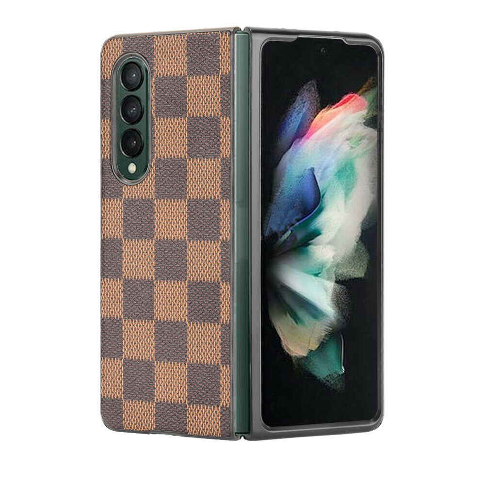 Samsung Galaxy Z Fold 3 Check Pattern Leather Back Case-Brown