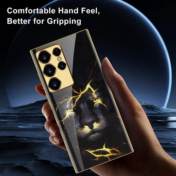 Samsung Galaxy S23 Ultra Original Glass Case with Lion Print & Golden Chrome