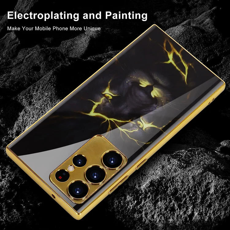 Samsung Galaxy S23 Ultra Original Glass Case with Lion Print & Golden Chrome