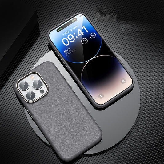 iPhone 15 Pro Max Genuine Leather Case Luxury Business Style Back Cover Case - Gray