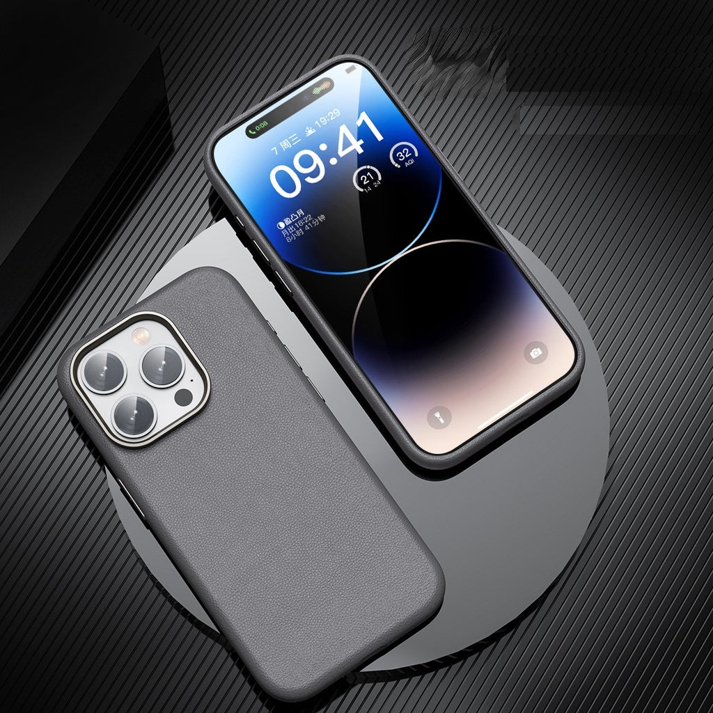 iPhone 15 Pro Genuine Leather Case Luxury Business Style Back Cover - Gray