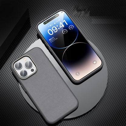 iPhone 15 Pro Genuine Leather Case Luxury Business Style Back Cover - Gray