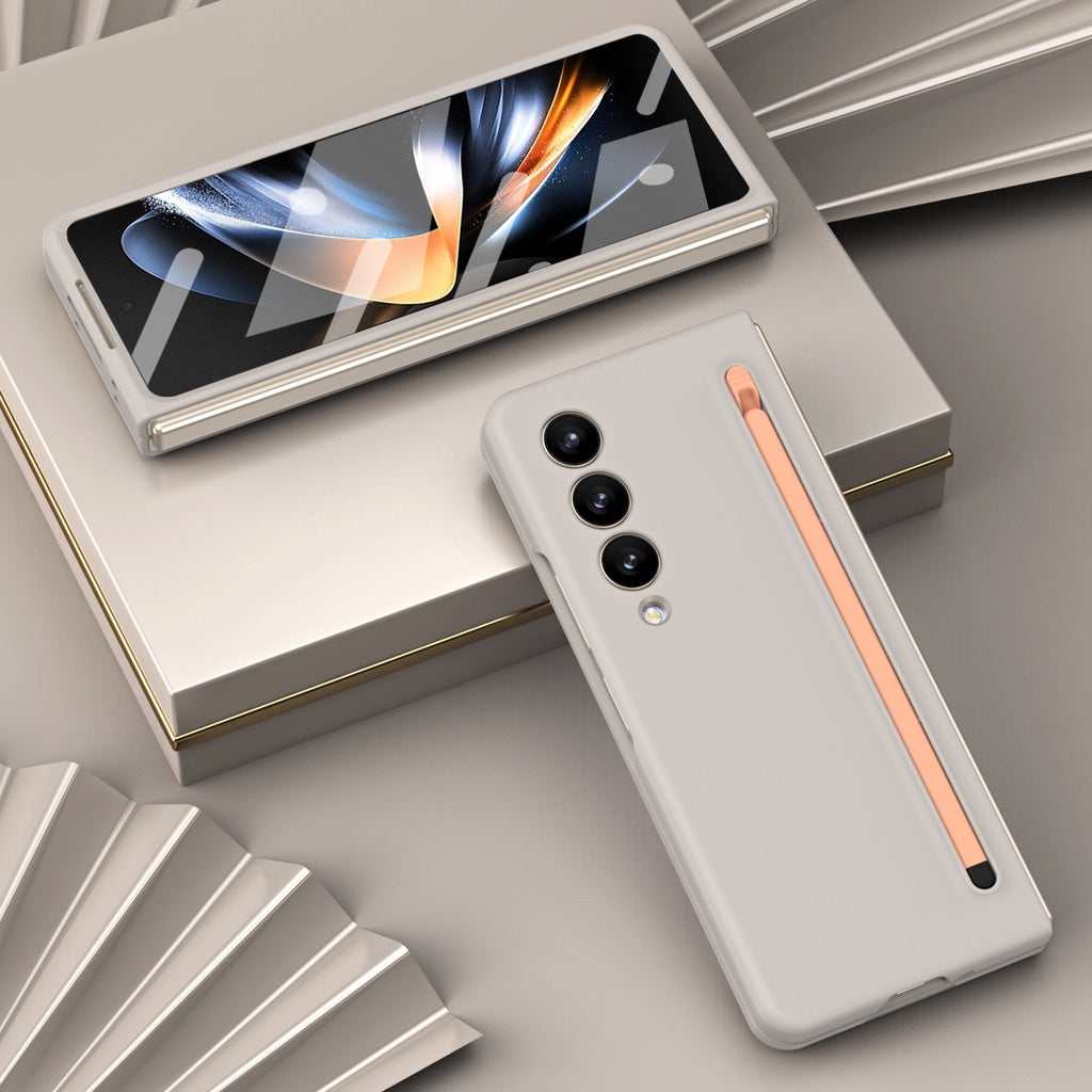 Samsung Galaxy Z Fold 5 Skin Feel Slim S Pen Case with Front Glass Stylus - Sand