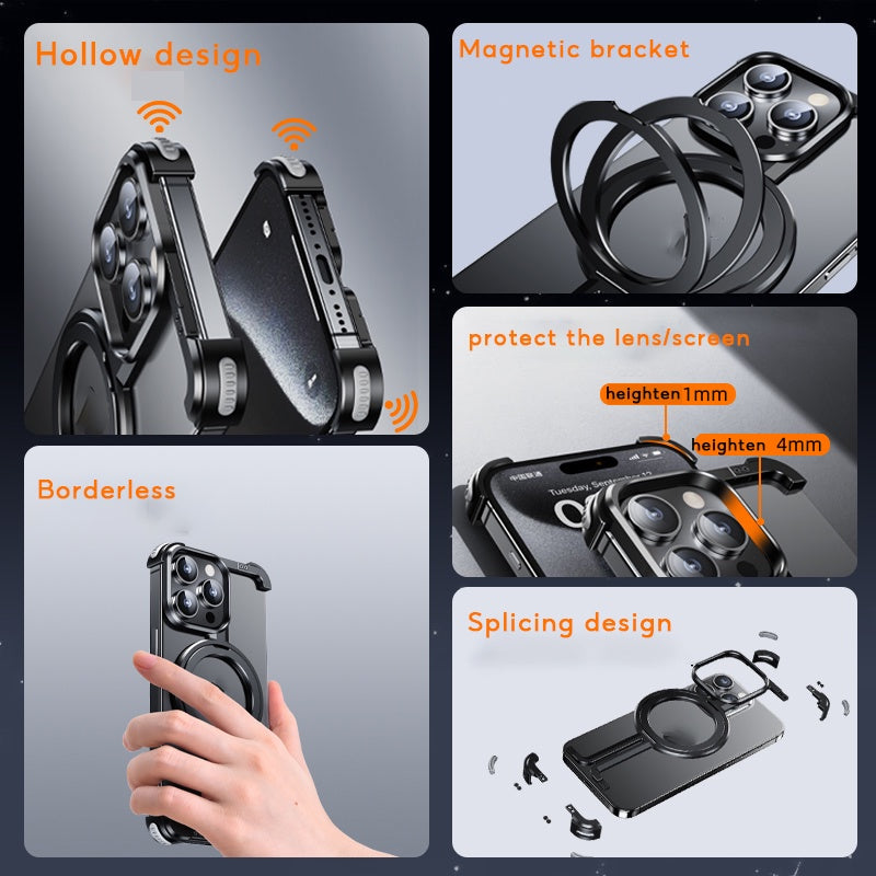 iPhone 15 Pro Pure Metal Framless Magnetic Impact Resistance Bumper Case with Stand - Black