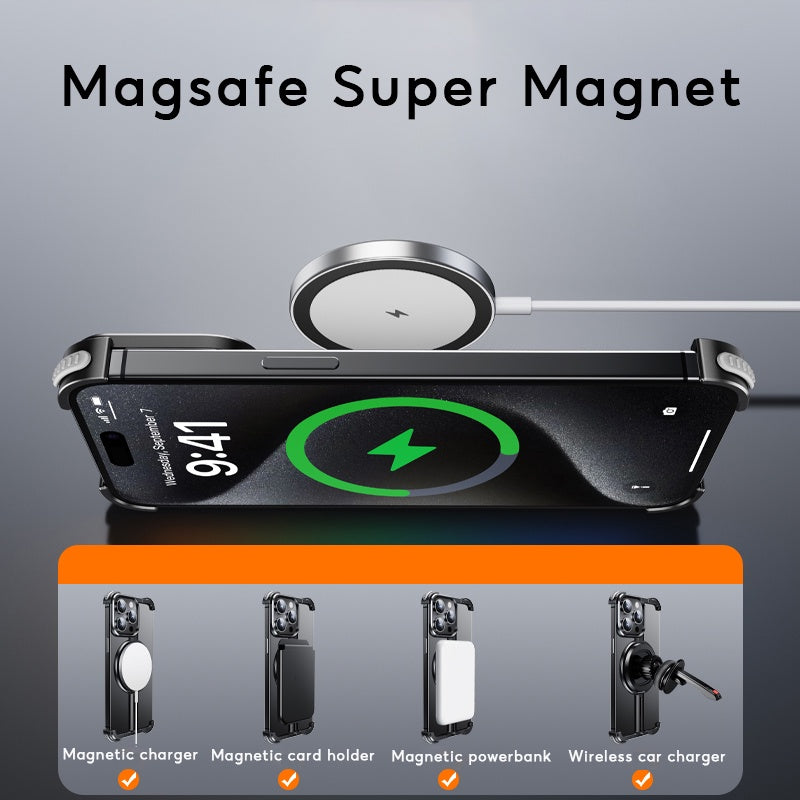 iPhone 15 Pro Pure Metal Framless Magnetic Impact Resistance Bumper Case with Stand - Black