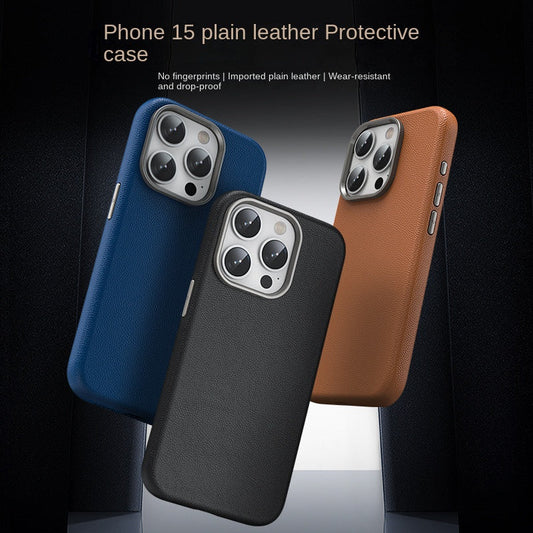 iPhone 15 Pro Max Genuine Leather Case Luxury Business Style Back Cover Case - Blue