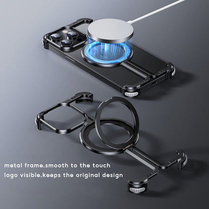 iPhone 15 Pro Pure Metal Framless Magnetic Impact Resistance Bumper Case with Stand - Black