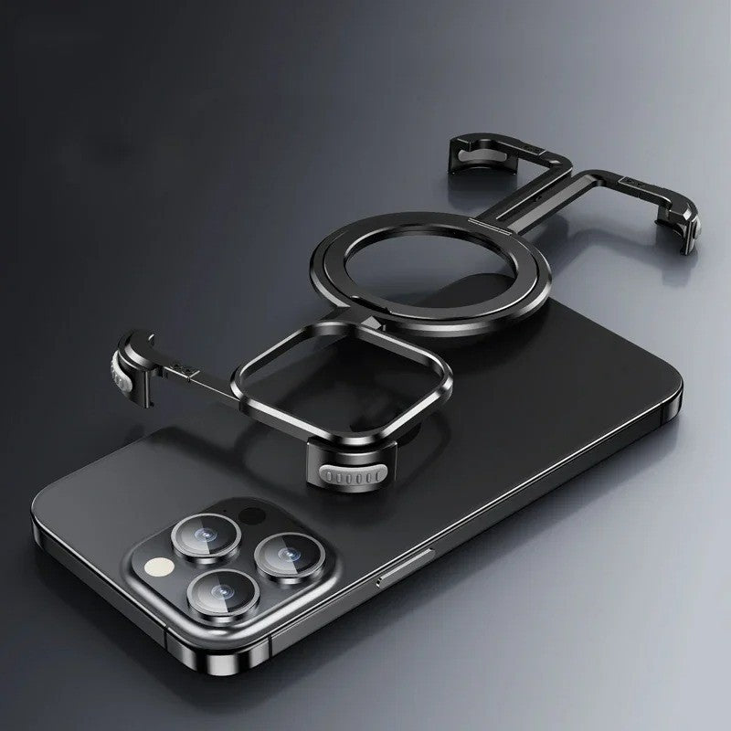 iPhone 15 Pro Pure Metal Framless Magnetic Impact Resistance Bumper Case with Stand - Black