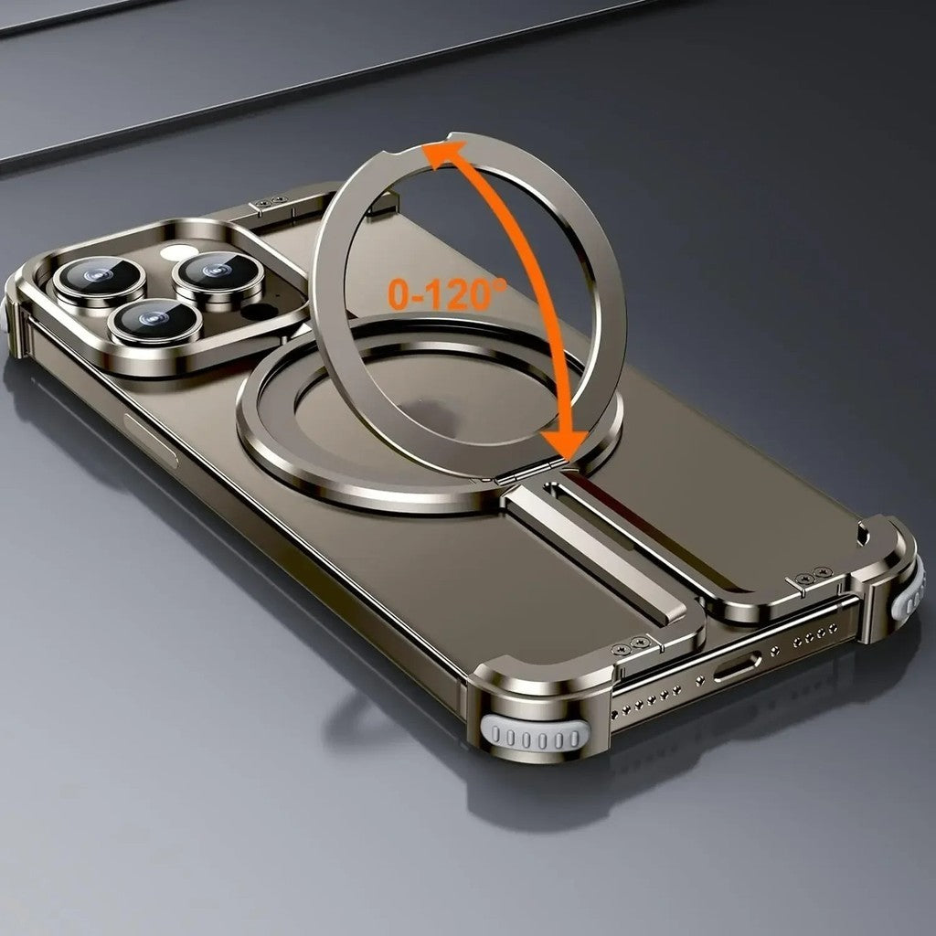 iPhone 15 Pro Max Pure Metal Framless Magnetic Impact Resistance Bumper Case with Stand - Titanium