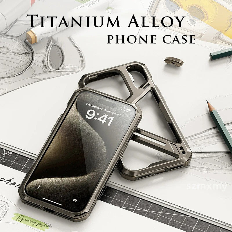 iPhone 15 Pro Mechanical Armor Hollow Heat Dissipation Metal Alloy Shockproof Case - Titanium