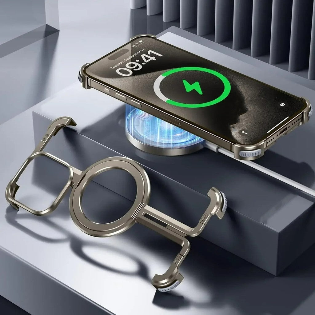 iPhone 15 Pro Max Pure Metal Framless Magnetic Impact Resistance Bumper Case with Stand - Titanium