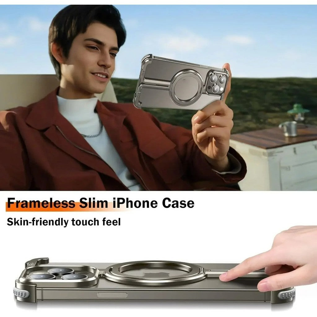 iPhone 15 Pro Max Pure Metal Framless Magnetic Impact Resistance Bumper Case with Stand - Titanium