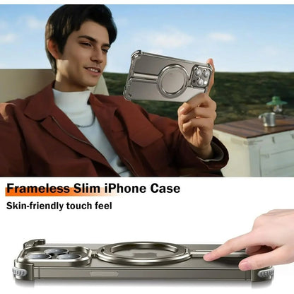 iPhone 15 Pro Max Pure Metal Framless Magnetic Impact Resistance Bumper Case with Stand - Titanium