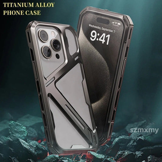 iPhone 15 Pro Mechanical Armor Hollow Heat Dissipation Metal Alloy Shockproof Case - Titanium